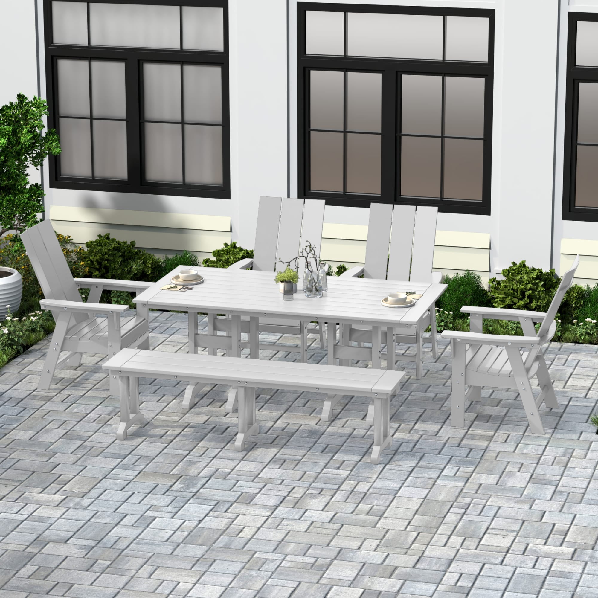 WestinTrends Ashore 6 Pieces Adirondack Patio Dining Set with Bench, All Weather Poly Lumber Slatted Outdoor Furniture Set, 71" Trestle Table and 4 Adirondack Chair and Outdoor Bench, White