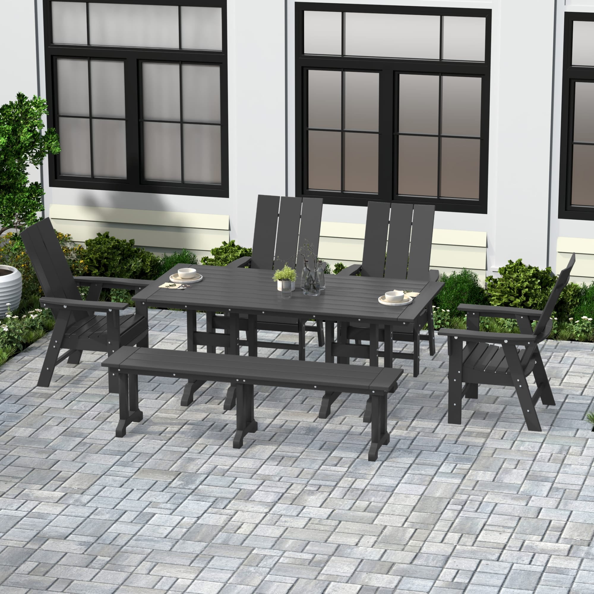 WestinTrends Ashore 6 Pieces Adirondack Patio Dining Set with Bench, All Weather Poly Lumber Slatted Outdoor Furniture Set, 71" Trestle Table and 4 Adirondack Chair and Outdoor Bench, Gray
