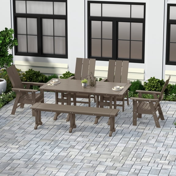 WestinTrends Ashore 6 Pieces Adirondack Patio Dining Set with Bench, All Weather Poly Lumber Slatted Outdoor Furniture Set, 71" Trestle Table and 4 Adirondack Chair and Outdoor Bench, Weathered Wood