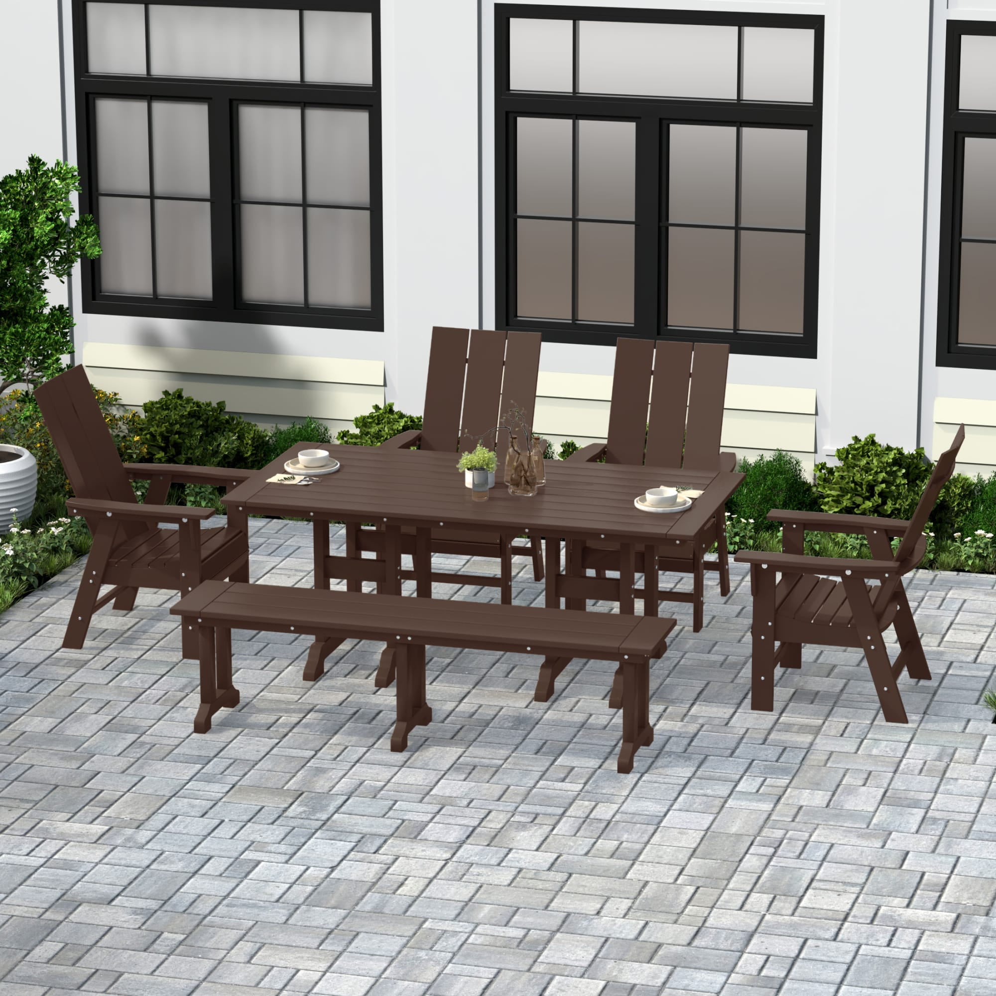 WestinTrends Ashore 6 Pieces Adirondack Patio Dining Set with Bench, All Weather Poly Lumber Slatted Outdoor Furniture Set, 71" Trestle Table and 4 Adirondack Chair and Outdoor Bench, Dark Brown