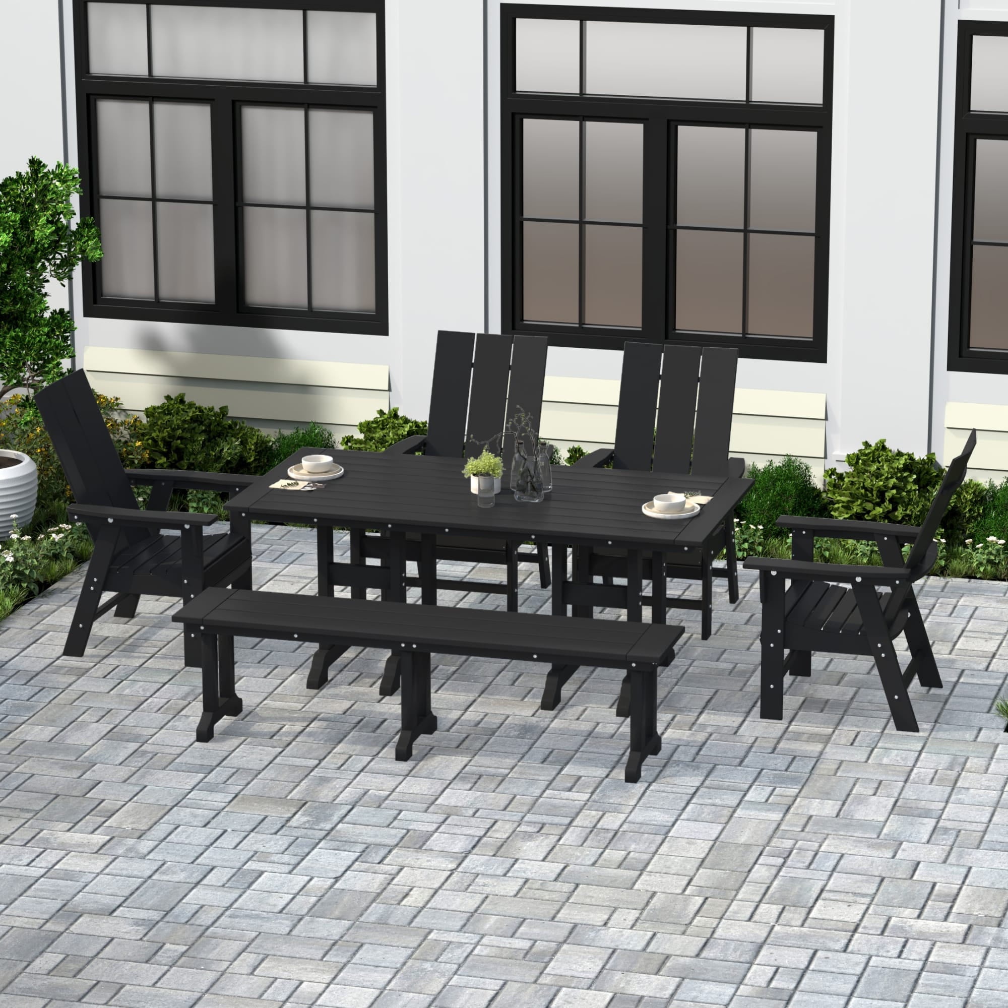 WestinTrends Ashore 6 Pieces Adirondack Patio Dining Set with Bench, All Weather Poly Lumber Slatted Outdoor Furniture Set, 71" Trestle Table and 4 Adirondack Chair and Outdoor Bench, Black