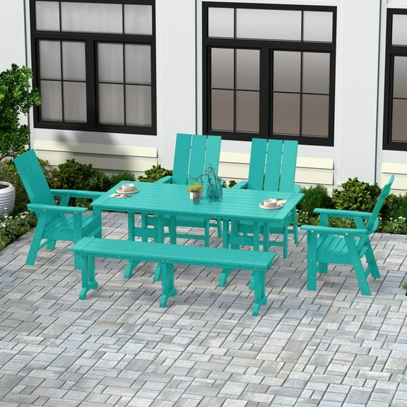 WestinTrends Ashore 6 Pieces Adirondack Patio Dining Set with Bench, All Weather Poly Lumber Slatted Outdoor Furniture Set, 71" Trestle Table and 4 Adirondack Chair and Outdoor Bench, Turquoise