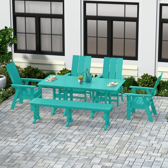 WestinTrends Ashore 6 Pieces Adirondack Patio Dining Set with Bench, All Weather Poly Lumber Slatted Outdoor Furniture Set, 71" Trestle Table and 4 Adirondack Chair and Outdoor Bench, Turquoise