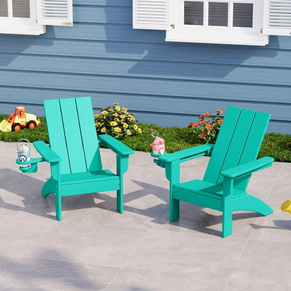 WestinTrends Ashore Kids Outdoor HDPE Plastic Modern Adirondack Patio Chairs with Cup Holders (Set of 2), Turquoise