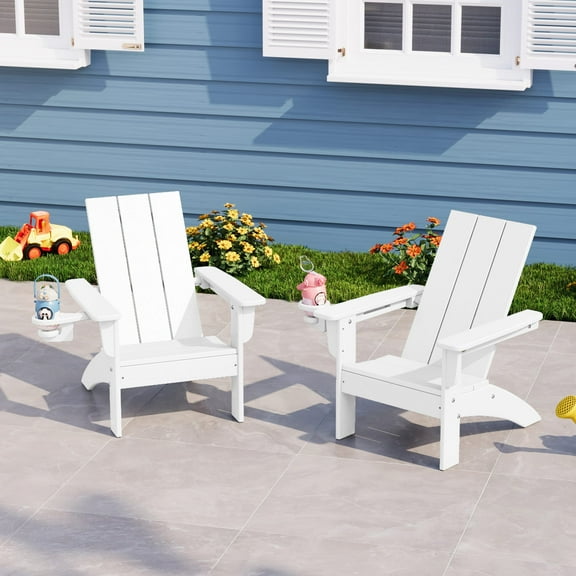 WestinTrends Ashore Kids Outdoor HDPE Plastic Modern Adirondack Patio Chairs with Cup Holders (Set of 2), White