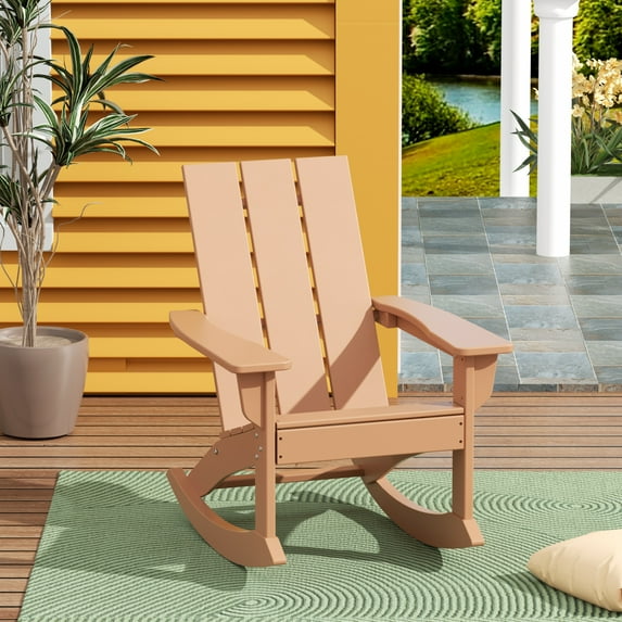 WestinTrends Ashore Patio Rocking Chair, All Weather Poly Lumber Plank Adirondack Rocker Chair, Modern Farmhouse Outdoor Rocking Chairs for Porch Garden Backyard and Indoor, Teak