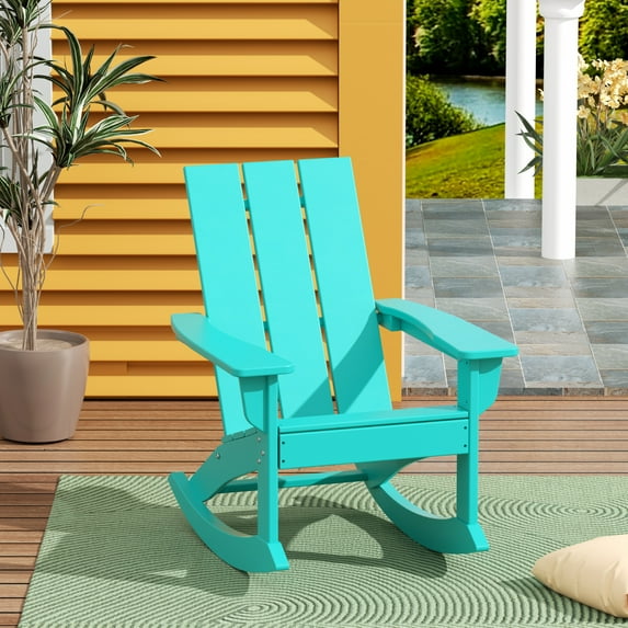 WestinTrends Ashore Patio Rocking Chair, All Weather Poly Lumber Plank Adirondack Rocker Chair, Modern Farmhouse Outdoor Rocking Chairs for Porch Garden Backyard and Indoor, Turquoise