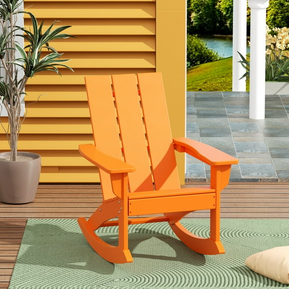 WestinTrends Ashore Patio Rocking Chair, All Weather Poly Lumber Plank Adirondack Rocker Chair, Modern Farmhouse Outdoor Rocking Chairs for Porch Garden Backyard and Indoor, Orange