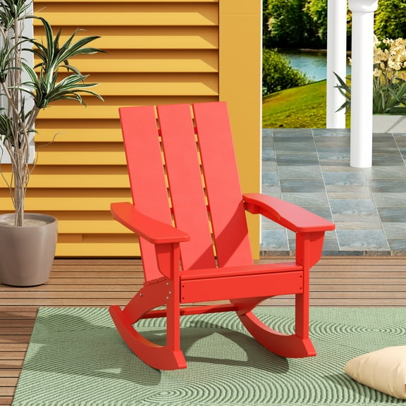 WestinTrends Ashore Patio Rocking Chair, All Weather Poly Lumber Plank Adirondack Rocker Chair, Modern Farmhouse Outdoor Rocking Chairs for Porch Garden Backyard and Indoor, Red
