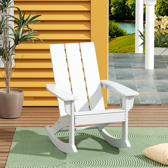 WestinTrends Ashore Patio Rocking Chair, All Weather Poly Lumber Plank Adirondack Rocker Chair, Modern Farmhouse White Rocking Chairs for Porch Garden Backyard and Indoor