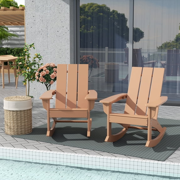 WestinTrends Ashore Patio Rocking Chairs Set of 2, All Weather Poly Lumber Plank Adirondack Rocker Chair, Modern Farmhouse Outdoor Rocking Chairs for Porch Garden Backyard and Indoor, Teak