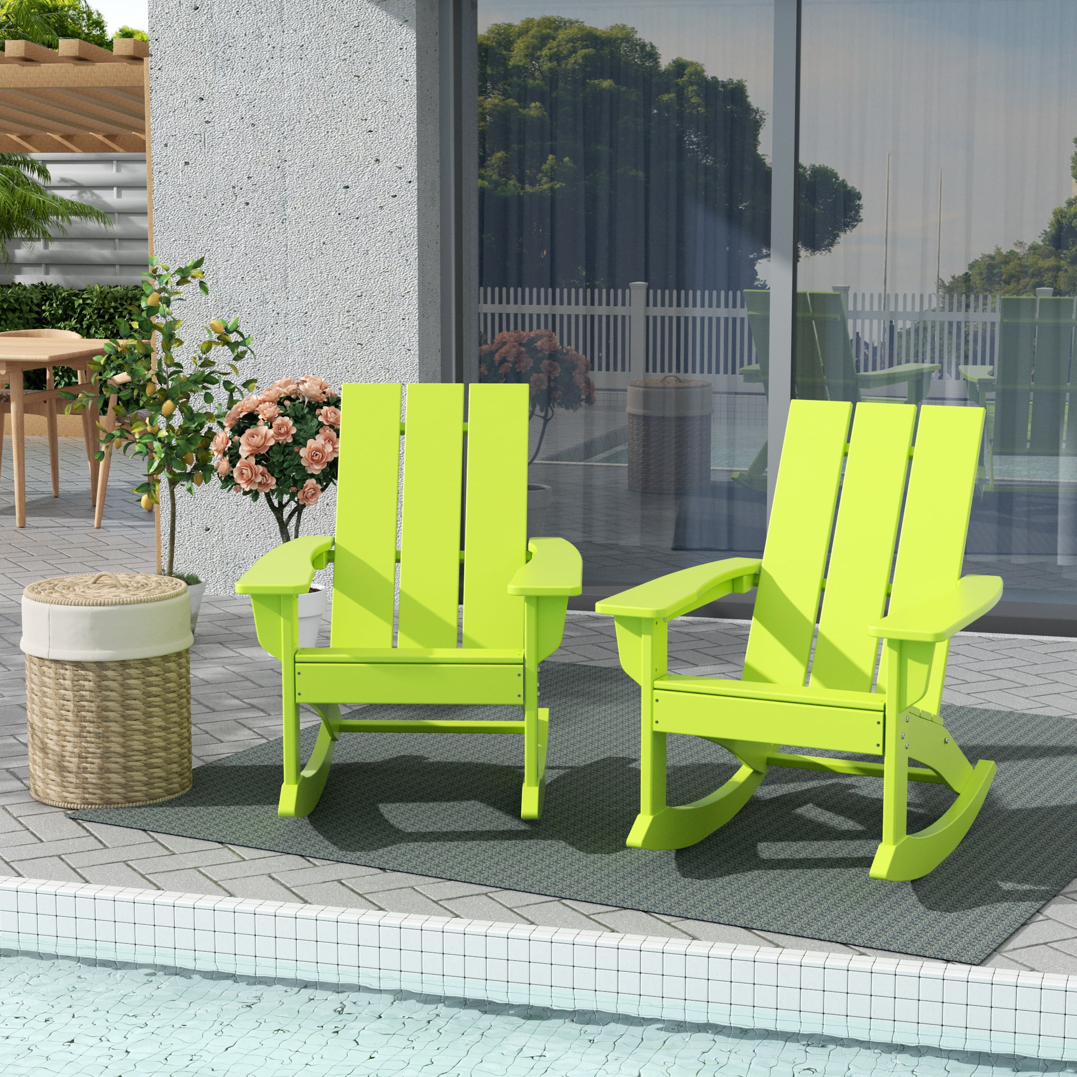 Lime Green HDPE Modern Adirondack Rocking Chair Set
