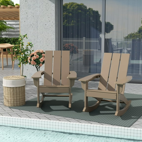 WestinTrends Ashore Patio Rocking Chairs Set of 2, All Weather Poly Lumber Plank Adirondack Rocker Chair, Modern Farmhouse Outdoor Rocking Chairs for Porch Garden Backyard and Indoor, Weathered Wood
