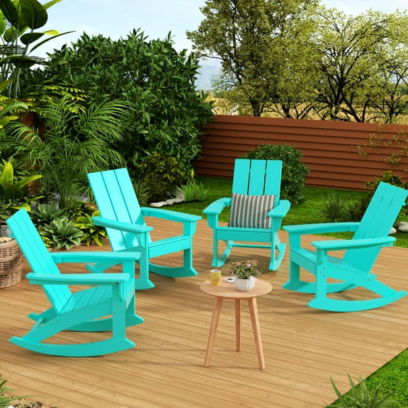 WestinTrends Ashore Patio Rocking Chairs Set of 4, All Weather Poly Lumber Plank Adirondack Rocker Chair, Modern Farmhouse Outdoor Rocking Chairs for Porch Garden Backyard and Indoor, Turquoise
