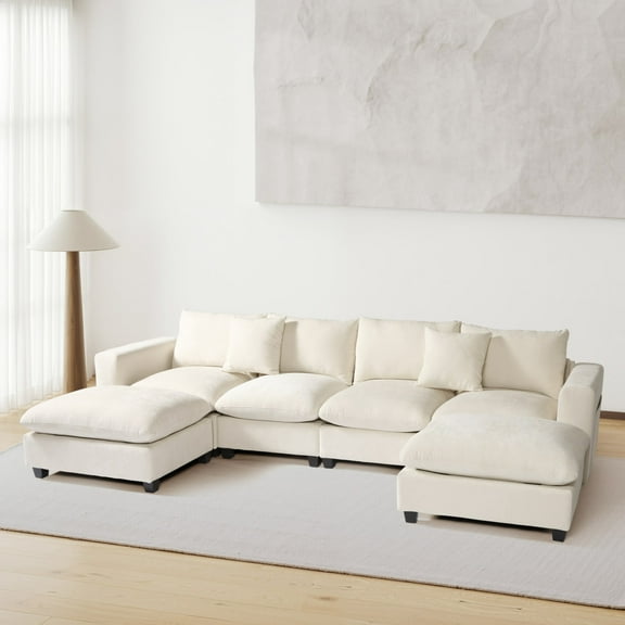 WestinTrends Augusta 128" Chenille Modular U-Shaped Sectional Couch and Chaise With USB/Type-C Ports and Side Pockets, Cream