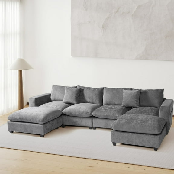 WestinTrends Augusta 128" Chenille Modular U-Shaped Sectional Couch and Chaise With USB/Type-C Ports and Side Pockets, Gray