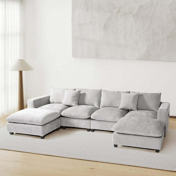 WestinTrends Augusta 128" Chenille Modular U-Shaped Sectional Couch and Chaise With USB/Type-C Ports and Side Pockets, Light Gray