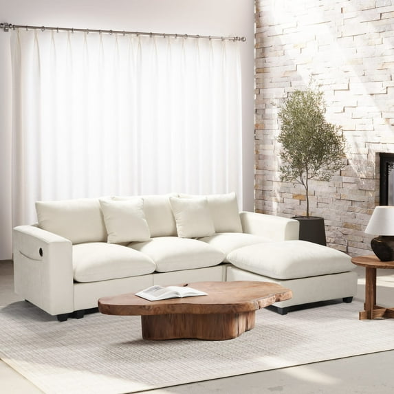 WestinTrends Augusta 99" Modular Chenille L-Shaped Sectional Sofa and Chaise With USB/Type-C Ports and Side Pockets, Cream