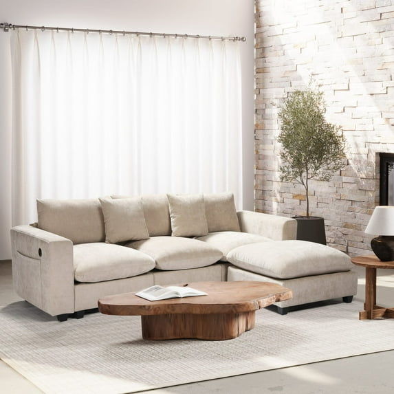 WestinTrends Augusta 99" Modular Chenille L-Shaped Sectional Sofa and Chaise With USB/Type-C Ports and Side Pockets, Taupe