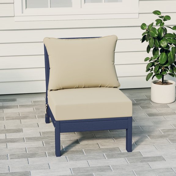 WestinTrends Avalon Outdoor HDPE Deep Seating Modular Armless Patio Chair with Patio Cushions, Navy Blue/Beige