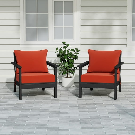 WestinTrends Avalon Outdoor Modern HDPE Patio Club Chairs with Deep Seat Cushions (Set of 2), Black/Orange