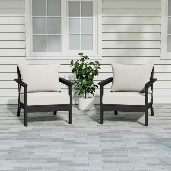 WestinTrends Avalon Outdoor Modern HDPE Patio Club Chairs with Deep Seat Cushions (Set of 2), Black/White