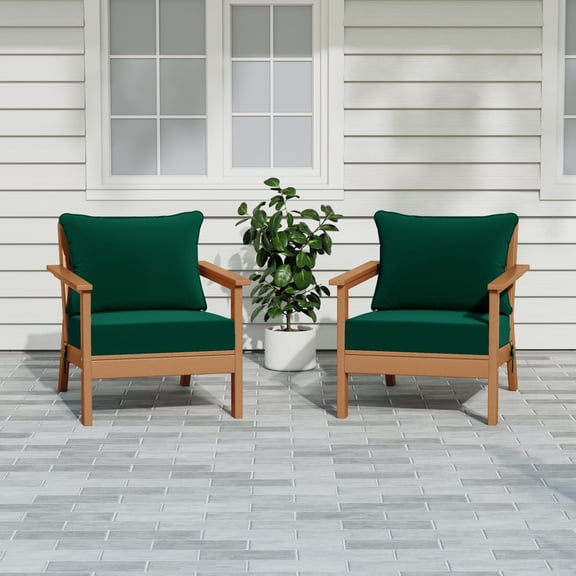 WestinTrends Avalon Outdoor Modern HDPE Patio Club Chairs with Deep Seat Cushions (Set of 2), Teak/Green