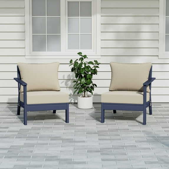 WestinTrends Avalon Outdoor Patio HDPE Loveseat Sofa with Patio Cushions, Navy Blue/Beige