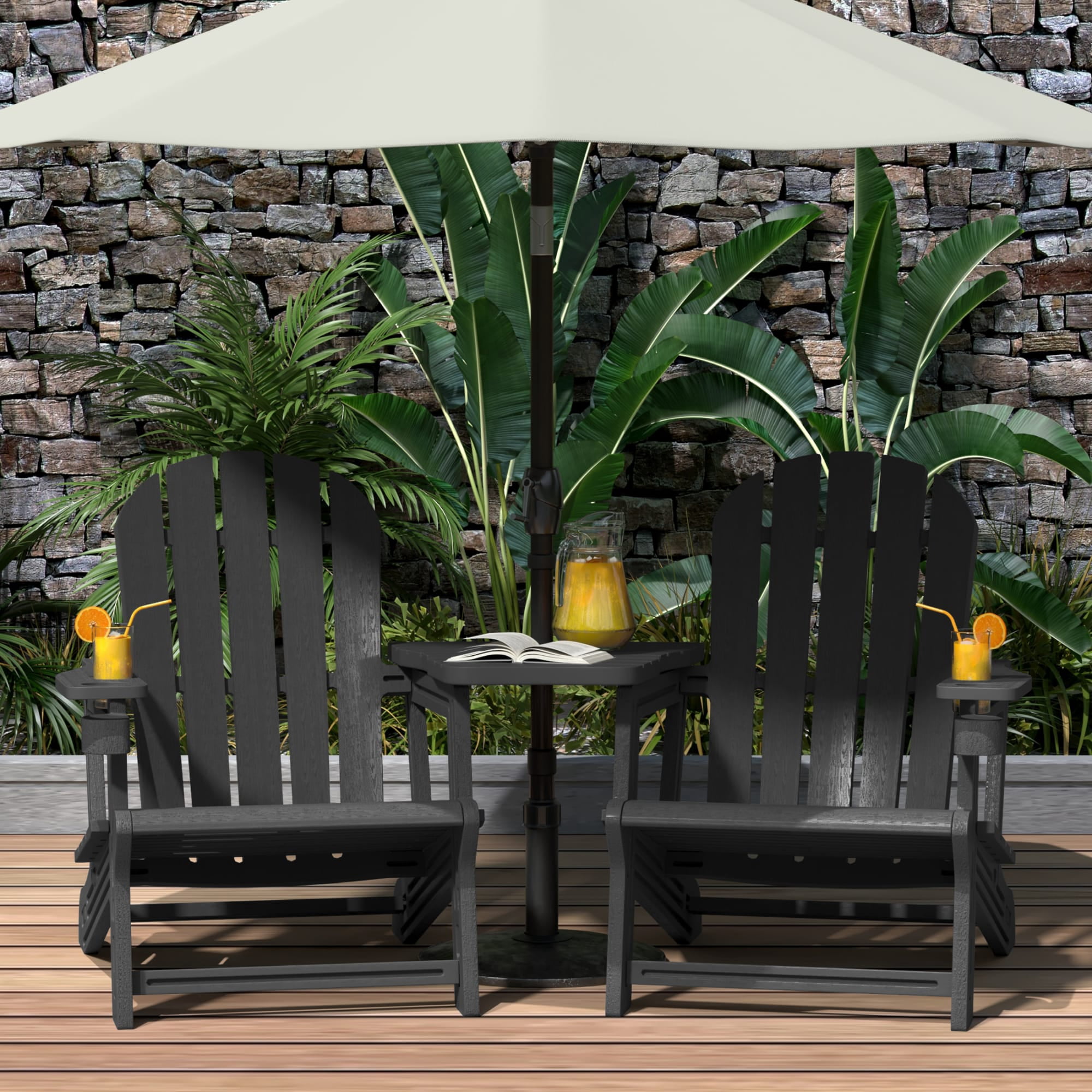 WestinTrends Azura Outdoor HDPE Adirondack Chairs With Connecting Table Tray (Set of 2), Black