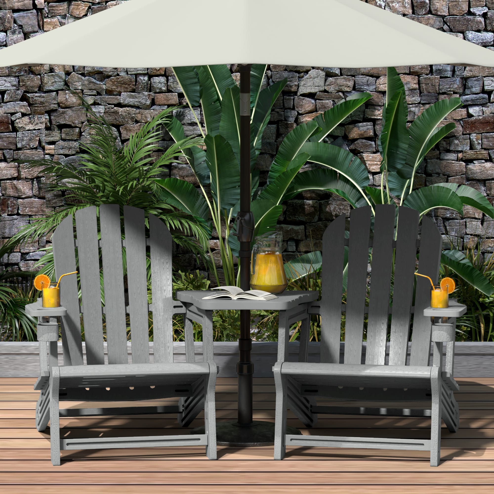 WestinTrends Azura Outdoor HDPE Adirondack Chairs With Connecting Table Tray (Set of 2), Gray