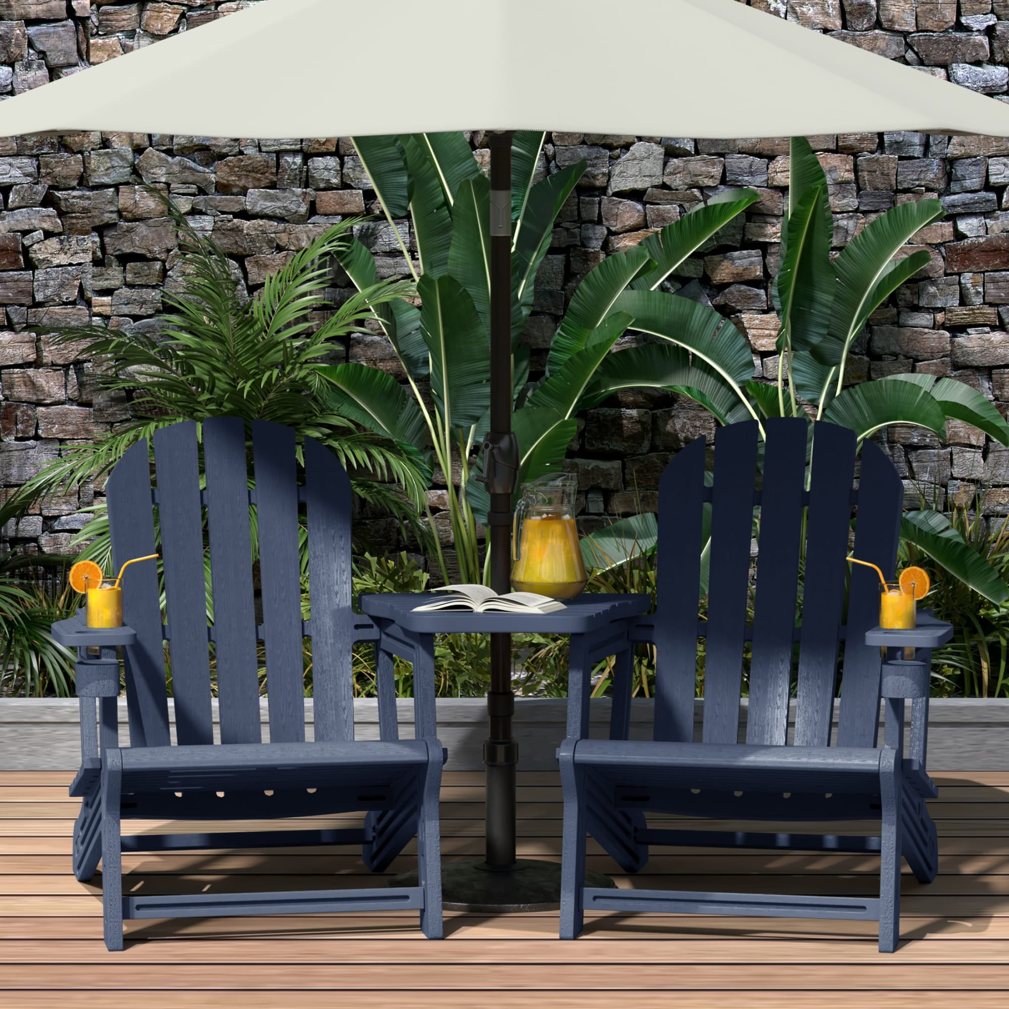 WestinTrends Azura Outdoor HDPE Adirondack Chairs With Connecting Table Tray (Set of 2), Navy Blue