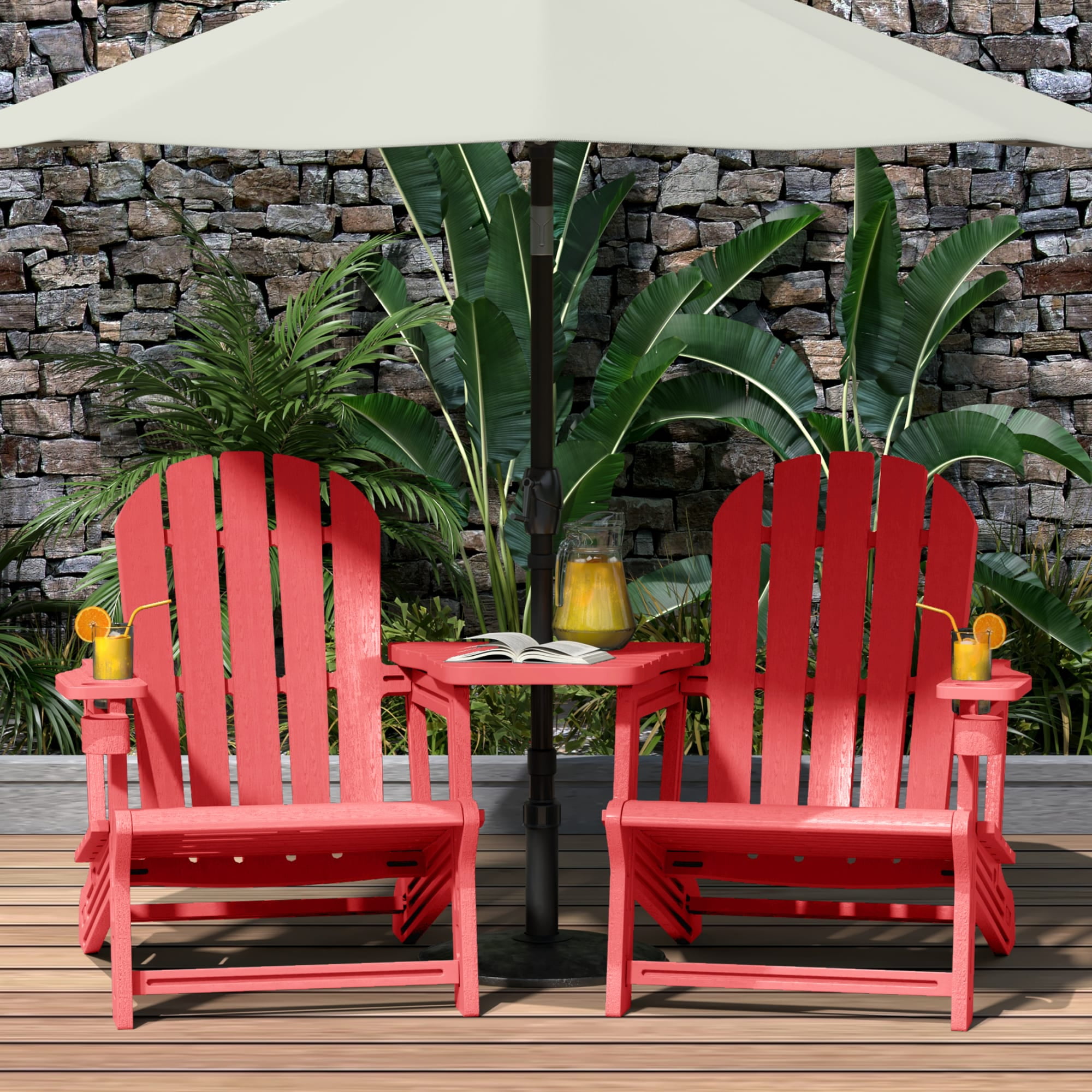 WestinTrends Azura Outdoor HDPE Adirondack Chairs With Connecting Table Tray (Set of 2), Red