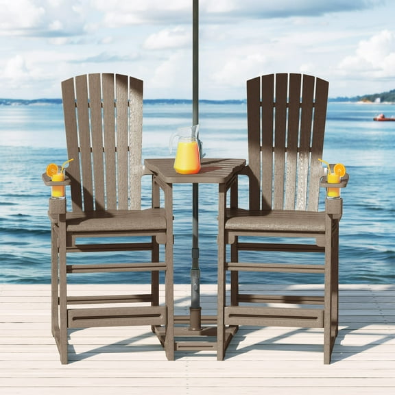 WestinTrends Azura Outdoor Tall Adirondack Chairs With Connecting Table Tray (Set of 2), Weathered Wood