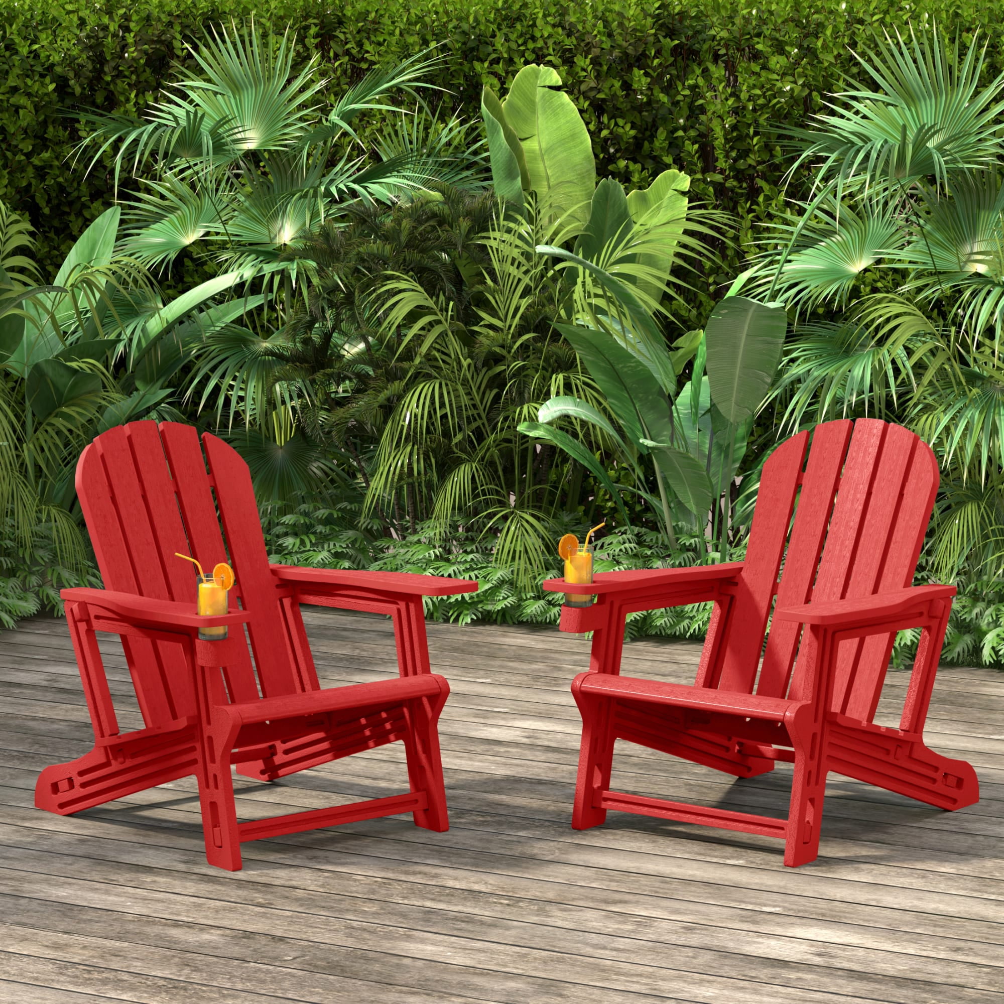 WestinTrends Azura Tool-Free Assembly Outdoor Patio HDPE Plastic Adirondack Chair with Cup Holder (Set of 2), Red