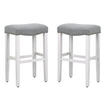 WestinTrends Barstools Bar Height Set of 2, 29" Farmhouse Kitchen White Wooden Saddle Stool Chair, Linen Upholstered Cushion with Solid Wood Leg, Gray