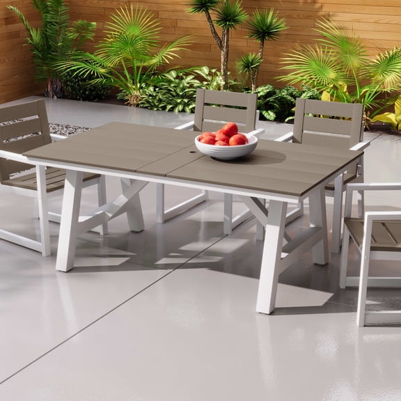 WestinTrends Cape May 72" HDPE Rectangle Outdoor Patio Dining Table With Umbrella Hole and Metal Frame, Weathered Wood