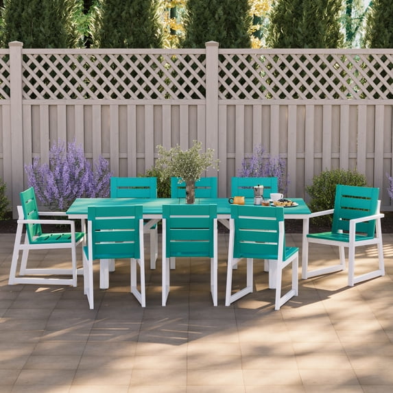 WestinTrends Cape May 9-Piece HDPE Outdoor Furniture Patio Dining Table With Umbrella Hole and Chairs Set For 8, Turquoise