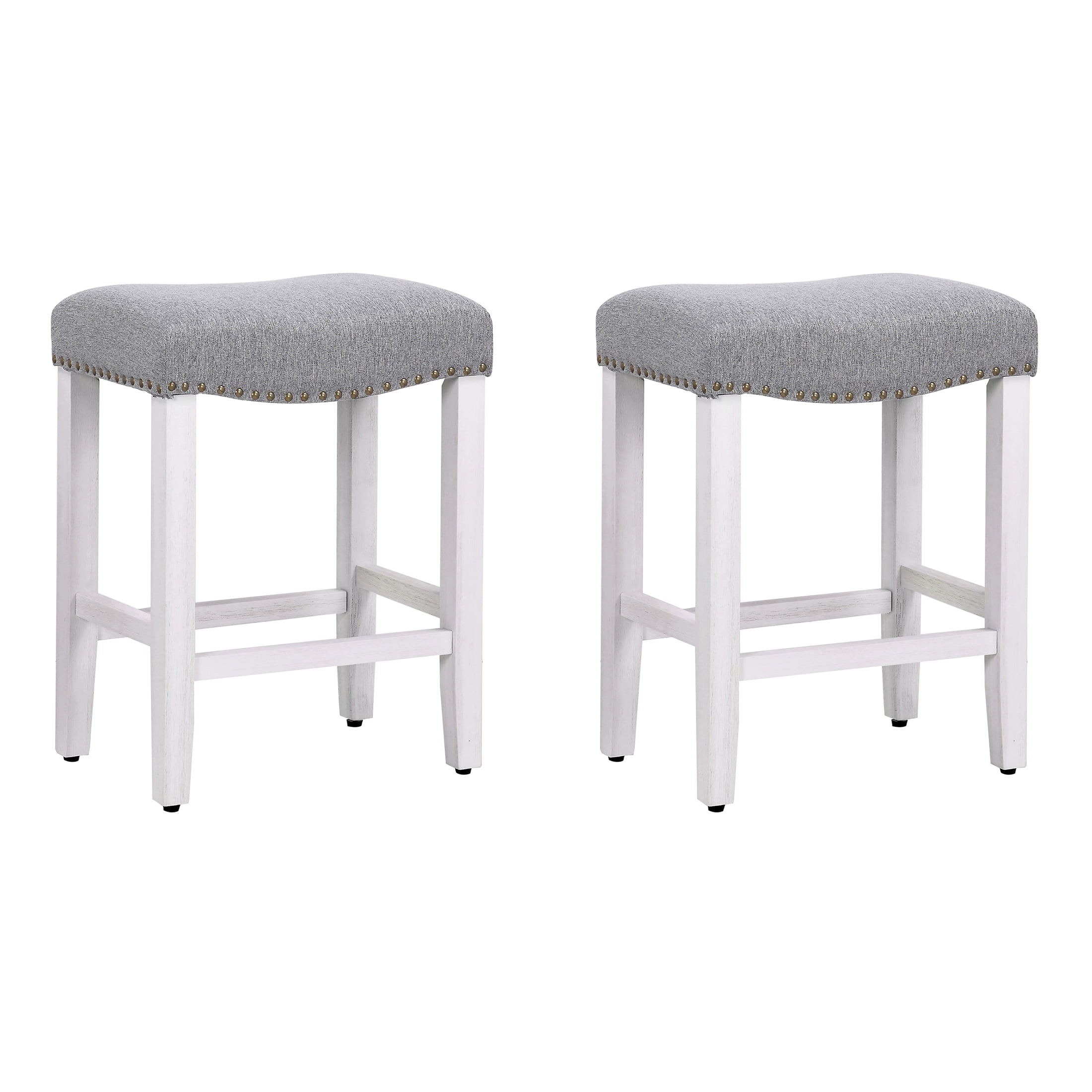 WestinTrends Counter Height Bar Stools Set of 2, 24 Inch Modern Farmhouse  Saddle Stool Chair, Linen Upholstered Cushion with Solid Wood Leg for