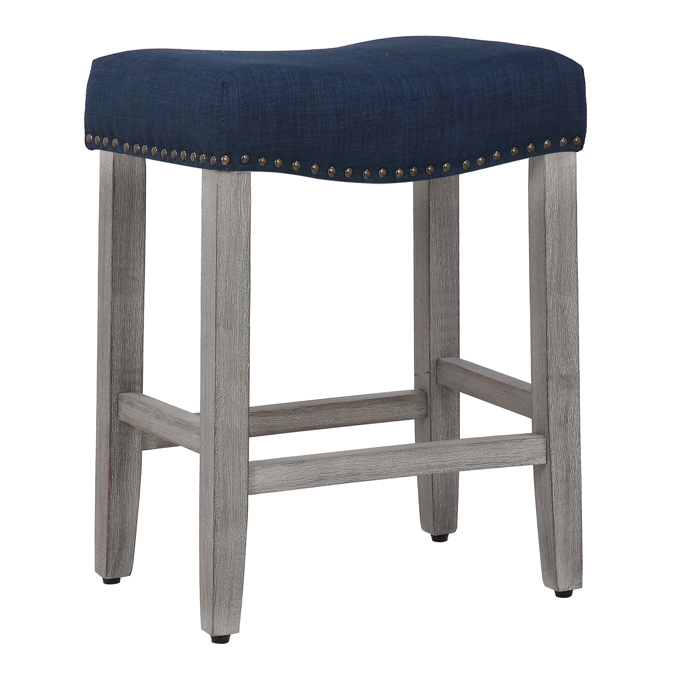 Navy Blue 24" Wooden Saddle Bar Stool with Linen Upholstery