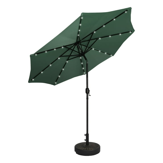 WestinTrends Cyrus 9 Ft Outdoor Patio Umbrella with Base Include, Solar Powered 32 LED Light Umbrella with Tilt and Crank, 20 inch Fillable Bronze Round Base, Dark Green