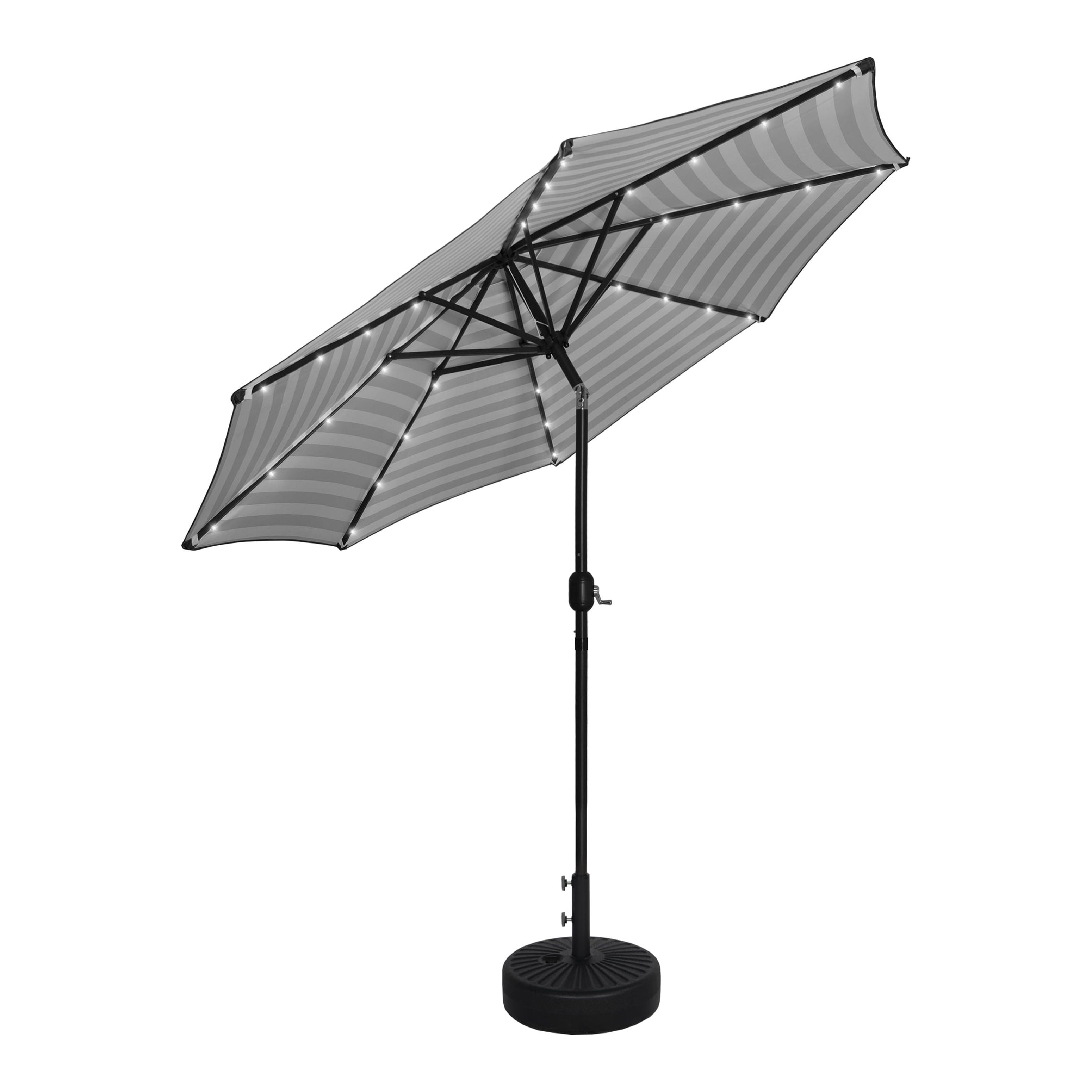 WestinTrends Cyrus 9 Ft Outdoor Patio Umbrella with Base Include, Solar Powered 32 LED Light Umbrella with Tilt and Crank, 20 inch Fillable Black Round Base, Black/White Stripe