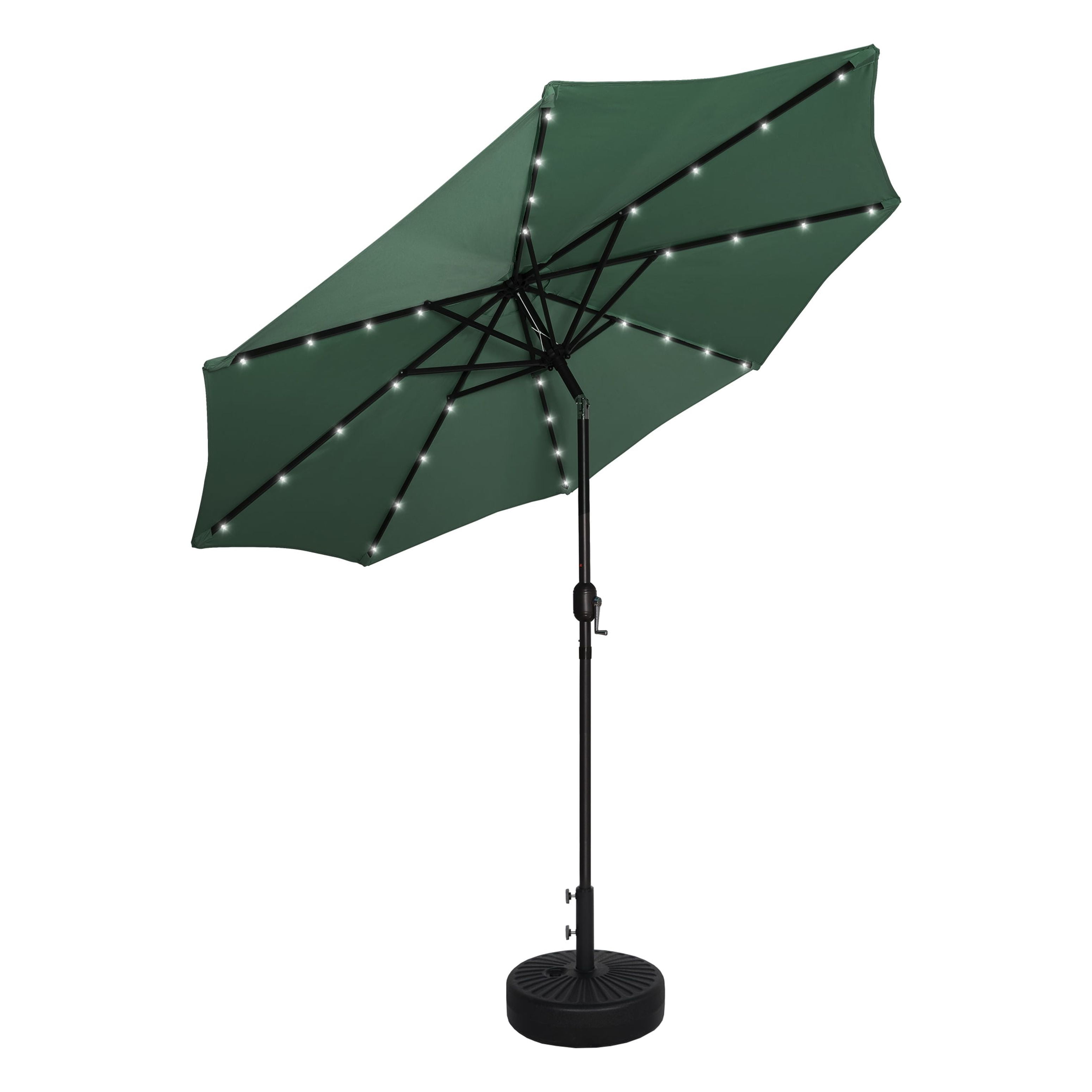 WestinTrends Cyrus 9 Ft Outdoor Patio Umbrella with Base Include, Solar Powered 32 LED Light Umbrella with Tilt and Crank, 20 inch Fillable Black Round Base, Dark Green