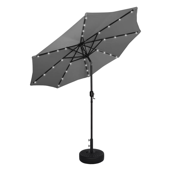 WestinTrends Cyrus 9 Ft Outdoor Patio Umbrella with Base Include, Solar Powered 32 LED Light Umbrella with Tilt and Crank, 20 inch Fillable Black Round Base, Gray
