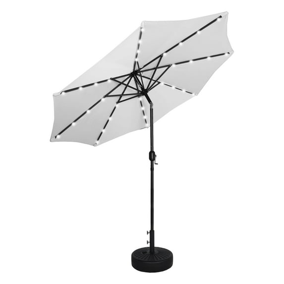 WestinTrends Cyrus 9 Ft Outdoor Patio Umbrella with Base Include, Solar Powered 32 LED Light Umbrella with Tilt and Crank, 20 inch Fillable Black Round Base, White