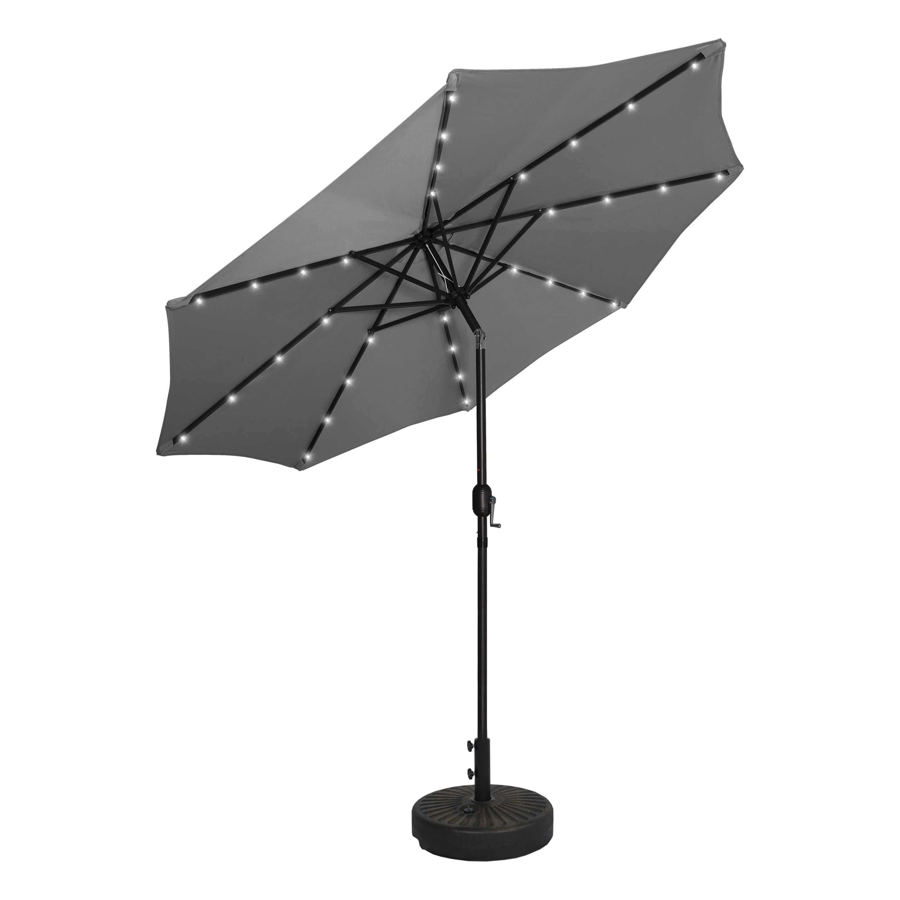WestinTrends Cyrus 9 Ft Outdoor Patio Umbrella with Base Include, Solar Powered 32 LED Light Umbrella with Tilt and Crank, 20 inch Fillable Bronze Round Base, Gray