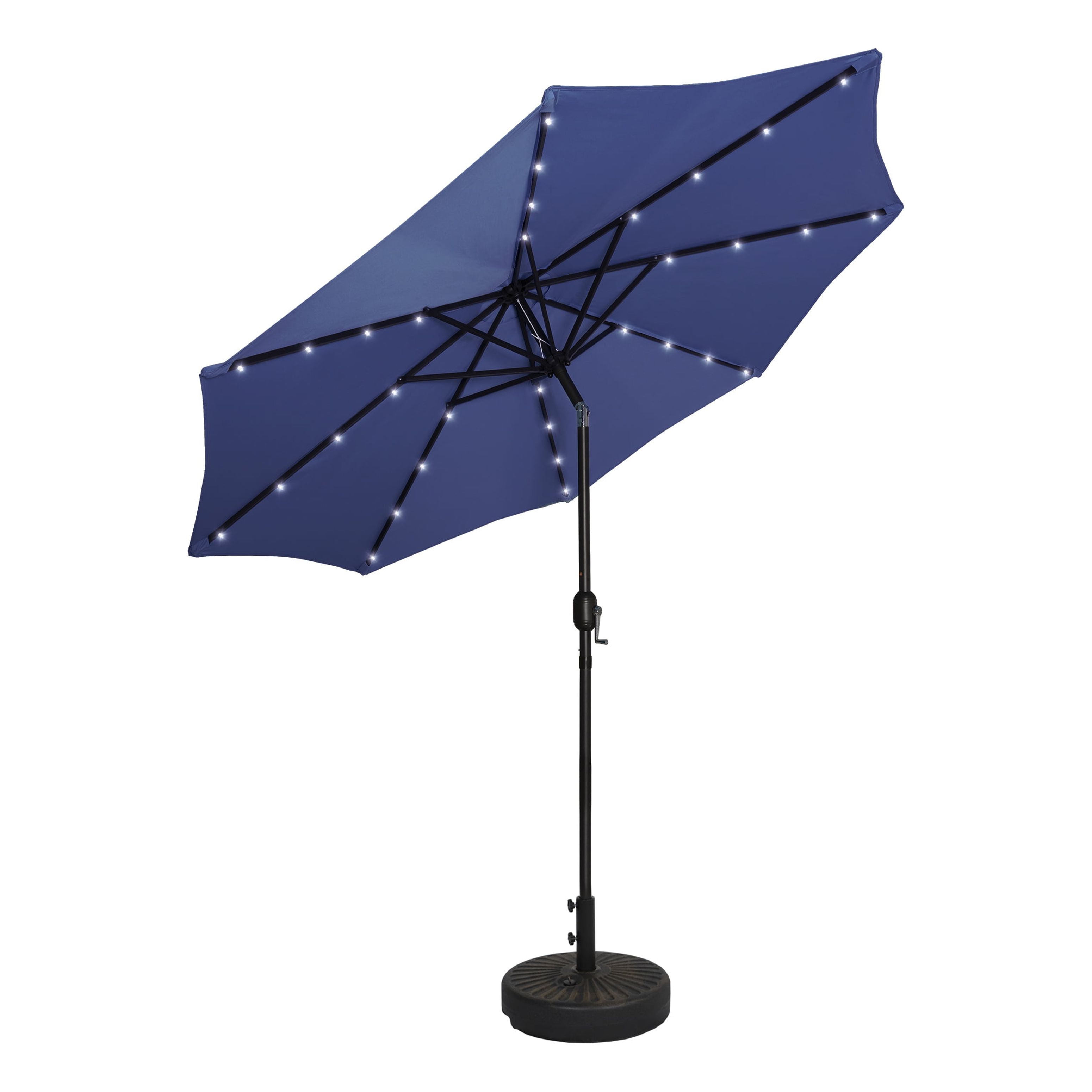 WestinTrends Cyrus 9 Ft Outdoor Patio Umbrella with Base Include, Solar Powered 32 LED Light Umbrella with Tilt and Crank, 20 inch Fillable Bronze Round Base, Navy Blue