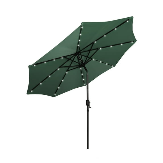 WestinTrends Cyrus 9 Ft Outdoor Patio Umbrella, Solar Powered 32 LED Light Umbrella with Tilt and Crank for Garden, Deck, Balcony, Pool and Beach, Dark Green