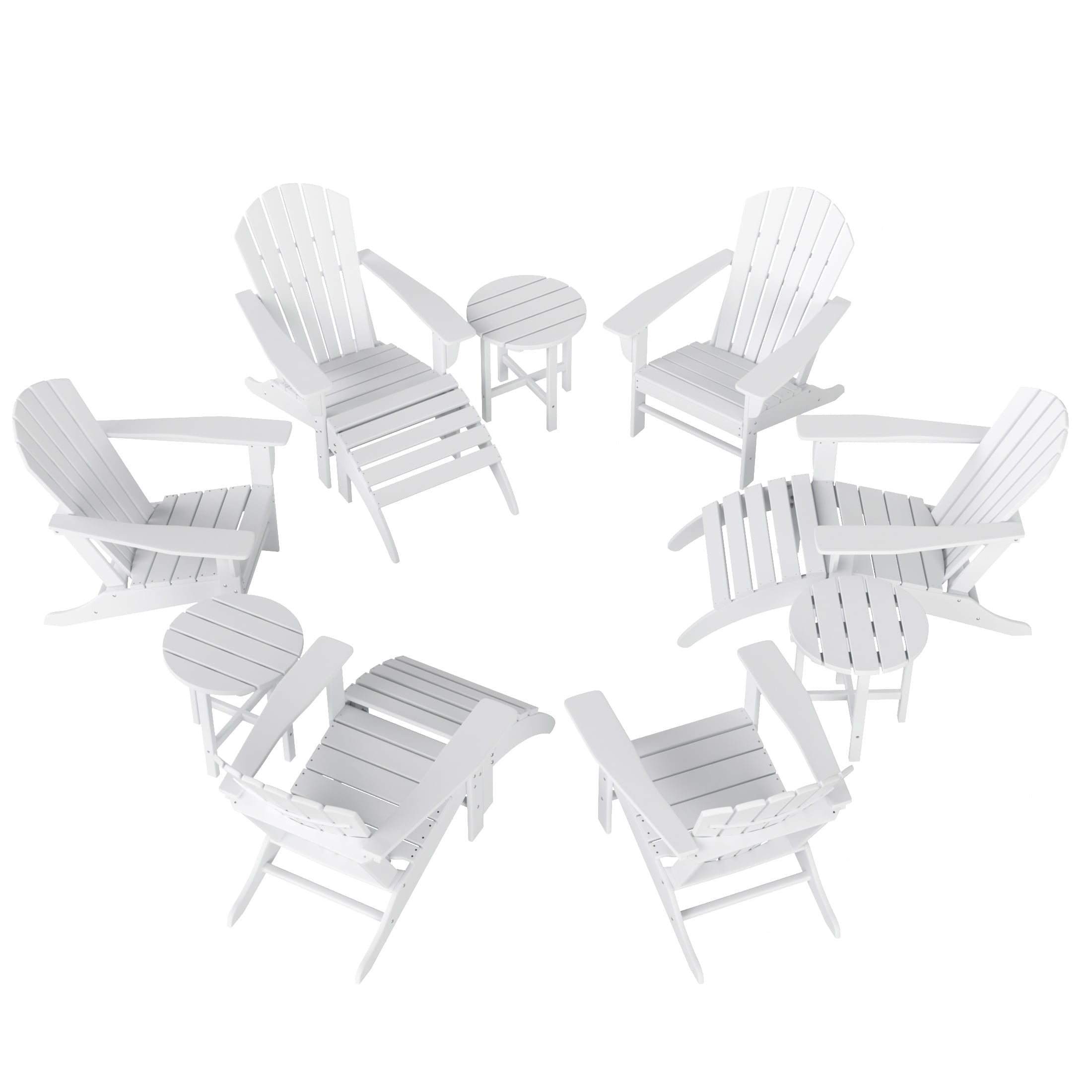 WestinTrends Dylan 12 Pieces Adirondack Chairs Set, All Weather Poly Lumber Outdoor Seating Patio Conversation Set, Seashell Curved Slat Backrest Garden Lawn Deck Fire Pit Chairs, White