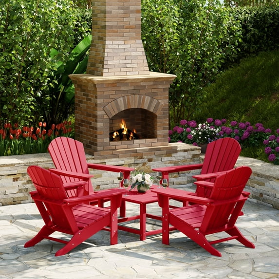 WestinTrends Dylan 5-Piece Outdoor Patio HDPE Adirondack Chair With Square Coffee Table Conversation Set, Red