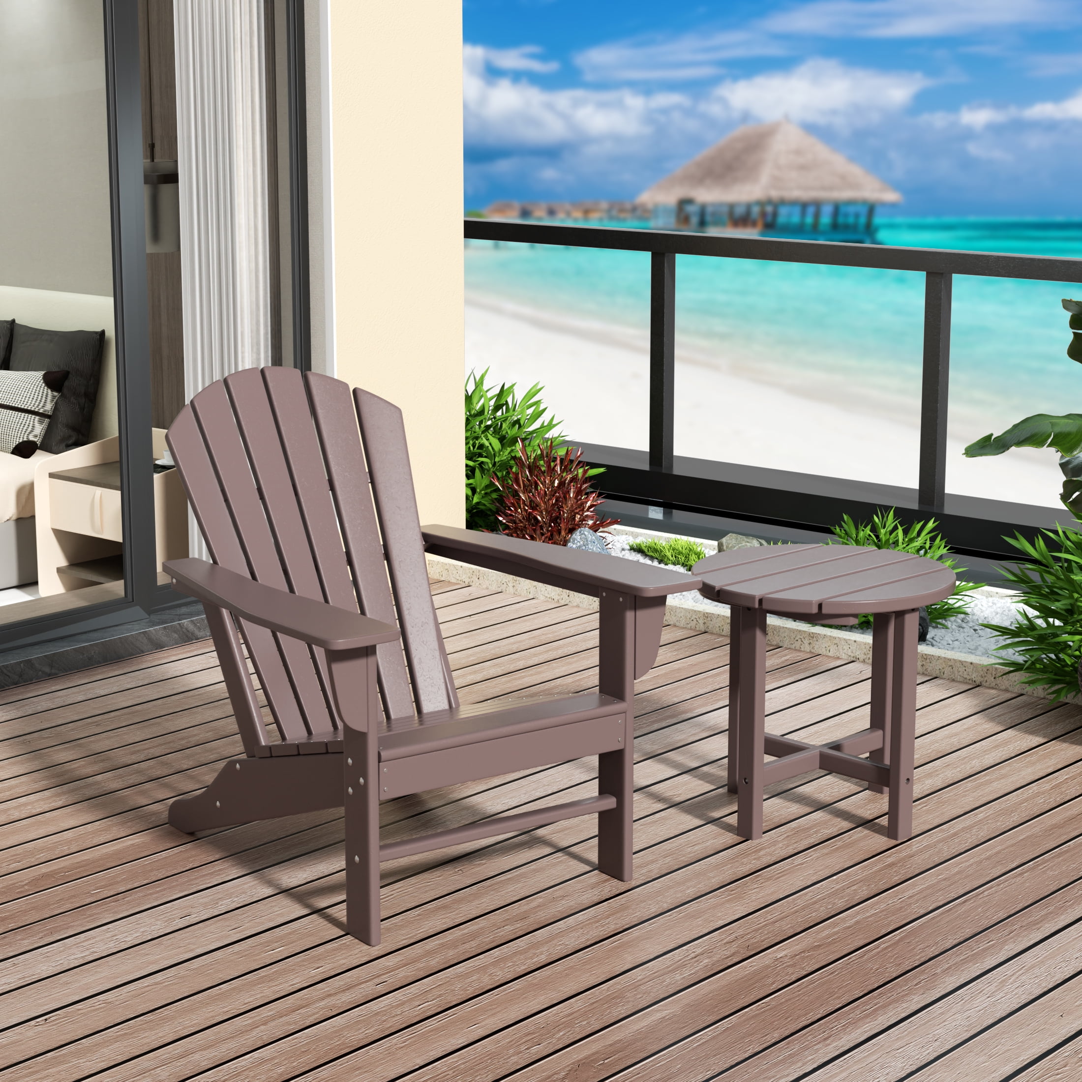 WestinTrends Dylan Adirondack Chair with Side Table, All Weather Poly Lumber Outdoor Seating Patio Conversation Bistro Set, Seashell Curved Slat Backrest, Dark Brown